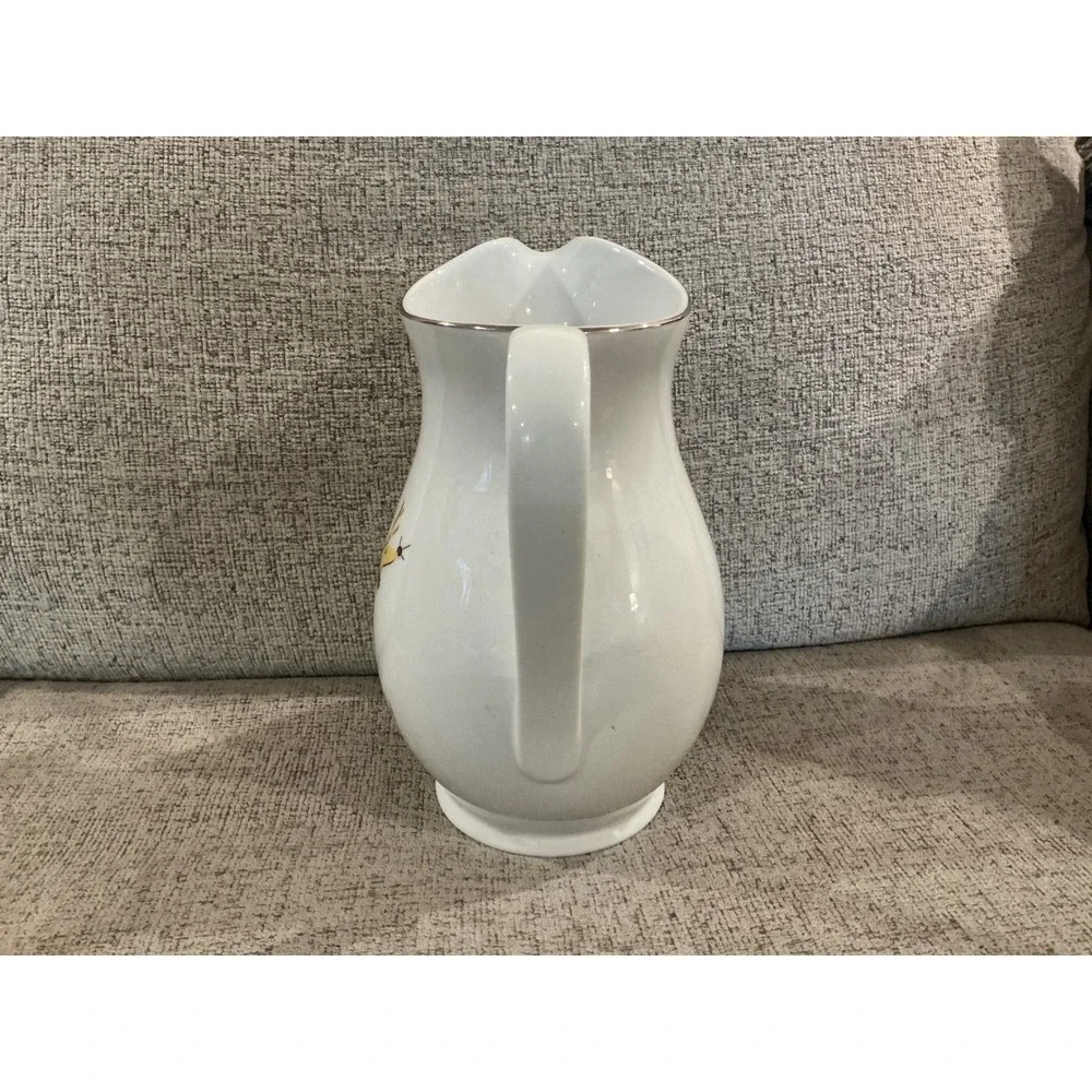 Pottery Barn Reindeer Rudolph Ceramic Christmas Pitcher White Silver Rim 9